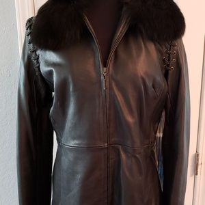 Women's Black Lamb Leather Fox Collar Size L